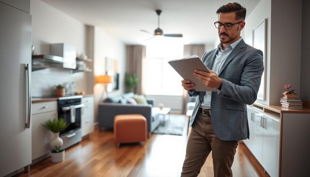 A professional property inspector in smart casual attire examines a modern apartment's living room during a key delivery inspection. The foreground features the inspector holding a clipboard, attentively checking off a list. The middle ground shows various aspects of the apartment, such as new appliances, freshly painted walls, and clean floors. In the background, a bright window lets in natural light, highlighting the room's welcoming atmosphere. Soft shadows enhance the details of the space. The overall mood conveys professionalism and thoroughness, with a sense of excitement for the new tenant ready to move in. The angle captures both the inspector's focused expression and the inviting ambiance of the apartment. A professional property inspector in smart casual attire examines a modern apartment's living room during a key delivery inspection. The foreground features the inspector holding a clipboard, attentively checking off a list. The middle ground shows various aspects of the apartment, such as new appliances, freshly painted walls, and clean floors. In the background, a bright window lets in natural light, highlighting the room's welcoming atmosphere. Soft shadows enhance the details of the space. The overall mood conveys professionalism and thoroughness, with a sense of excitement for the new tenant ready to move in. The angle captures both the inspector's focused expression and the inviting ambiance of the apartment.