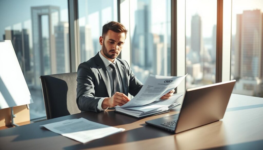 A professional real estate agent in a modern office setting, sitting at a sleek desk covered with paperwork and a laptop. The agent, dressed in smart business attire, is reviewing important documents, including a visible CRECI certificate. The office background features a large window showing a city skyline, allowing natural light to illuminate the space. The overall atmosphere is focused and serious, highlighting the importance of legality and credentials in real estate. Soft shadows create a warm yet professional ambiance. Use a slightly elevated angle to emphasize both the desk and the agent's engaged expression, showcasing their dedication to compliance and professionalism in their field. A professional real estate agent in a modern office setting, sitting at a sleek desk covered with paperwork and a laptop. The agent, dressed in smart business attire, is reviewing important documents, including a visible CRECI certificate. The office background features a large window showing a city skyline, allowing natural light to illuminate the space. The overall atmosphere is focused and serious, highlighting the importance of legality and credentials in real estate. Soft shadows create a warm yet professional ambiance. Use a slightly elevated angle to emphasize both the desk and the agent's engaged expression, showcasing their dedication to compliance and professionalism in their field.