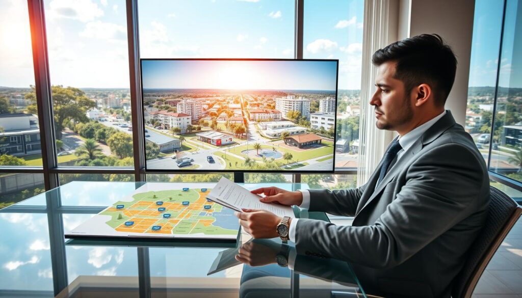 A professional real estate agent sitting at a sleek glass office desk, reviewing a portfolio of residential properties in Marialva, Paraná. The foreground features the agent, dressed in smart business attire, intently focused on the documents. In the middle ground, a modern, colorful 3D map of Marialva is displayed on a large screen, showcasing various neighborhoods and key landmarks. The background contains large windows revealing a panoramic view of the vibrant town with lush greenery and contemporary buildings under a sunny sky. The lighting is bright and inviting, emphasizing a warm, trustworthy atmosphere. The angle captures the scene from slightly above to show the depth of the office while maintaining a connection with the subject. A professional real estate agent sitting at a sleek glass office desk, reviewing a portfolio of residential properties in Marialva, Paraná. The foreground features the agent, dressed in smart business attire, intently focused on the documents. In the middle ground, a modern, colorful 3D map of Marialva is displayed on a large screen, showcasing various neighborhoods and key landmarks. The background contains large windows revealing a panoramic view of the vibrant town with lush greenery and contemporary buildings under a sunny sky. The lighting is bright and inviting, emphasizing a warm, trustworthy atmosphere. The angle captures the scene from slightly above to show the depth of the office while maintaining a connection with the subject.