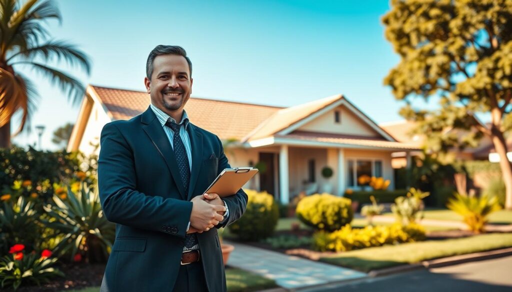 A professional real estate agent standing confidently in front of a charming, well-maintained local property in Sarandi, Paraná. The foreground features the agent in smart business attire, holding a clipboard and standing with a welcoming smile. In the middle ground, there is a cozy residential house with a beautiful garden, showcasing local architectural styles, including colorful flowers and green shrubs. The background highlights a clear blue sky, with soft sunlight illuminating the scene, casting warm shadows and creating an inviting atmosphere. The overall mood is friendly and approachable, emphasizing a sense of community and local expertise in the real estate market. The angle captures the agent's interaction with the property, setting a professional tone. A professional real estate agent standing confidently in front of a charming, well-maintained local property in Sarandi, Paraná. The foreground features the agent in smart business attire, holding a clipboard and standing with a welcoming smile. In the middle ground, there is a cozy residential house with a beautiful garden, showcasing local architectural styles, including colorful flowers and green shrubs. The background highlights a clear blue sky, with soft sunlight illuminating the scene, casting warm shadows and creating an inviting atmosphere. The overall mood is friendly and approachable, emphasizing a sense of community and local expertise in the real estate market. The angle captures the agent's interaction with the property, setting a professional tone.
