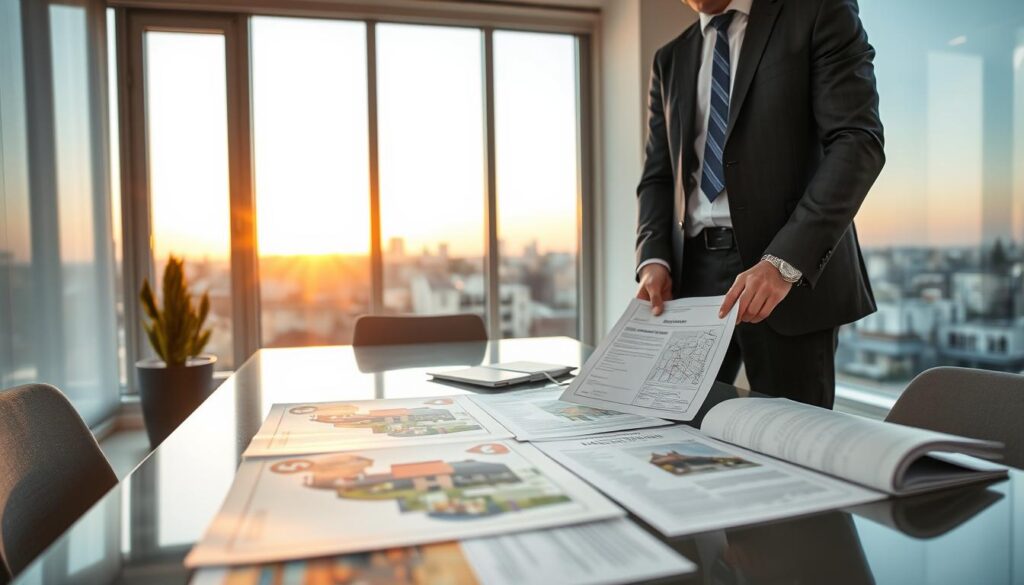 A professional real estate agent standing in a well-lit office, reviewing documents related to property transactions. The foreground displays the agent, wearing a sharp suit, focused on a laptop surrounded by property listings and legal paperwork. In the middle, an elegant conference table is set with detailed property maps and brochures of Marialva, showcasing houses and apartments. The background features large windows with a view of Marialva's skyline at dusk, casting a warm golden hue into the room. The atmosphere is one of professionalism and trust, embodying the essence of legal security in real estate transactions. Natural lighting enhances the scene, with a shallow depth of field to emphasize the agent’s interaction with the documents. A professional real estate agent standing in a well-lit office, reviewing documents related to property transactions. The foreground displays the agent, wearing a sharp suit, focused on a laptop surrounded by property listings and legal paperwork. In the middle, an elegant conference table is set with detailed property maps and brochures of Marialva, showcasing houses and apartments. The background features large windows with a view of Marialva's skyline at dusk, casting a warm golden hue into the room. The atmosphere is one of professionalism and trust, embodying the essence of legal security in real estate transactions. Natural lighting enhances the scene, with a shallow depth of field to emphasize the agent’s interaction with the documents.