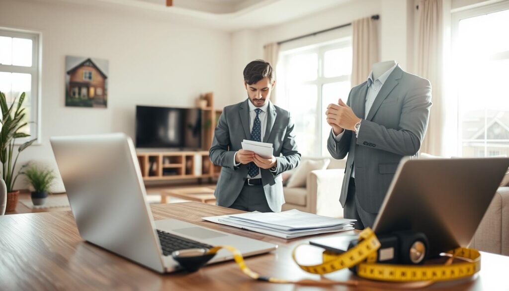 A professional real estate appraiser analyzing a residential property in a well-lit living room. The foreground features a desk with a laptop, documents, and a measuring tape, symbolizing the appraisal process. In the middle, the appraiser, dressed in smart business attire, is intently examining the property, using a notepad for notes. The background showcases a cozy living space with modern furnishings, bright sunlight streaming through large windows, creating a warm and inviting atmosphere. The overall mood is focused and professional, reflecting the importance of accurate property evaluation in real estate financing. Use natural lighting to enhance realism, and capture the scene with a slight depth of field effect, focusing on the appraiser and the immediate surroundings. A professional real estate appraiser analyzing a residential property in a well-lit living room. The foreground features a desk with a laptop, documents, and a measuring tape, symbolizing the appraisal process. In the middle, the appraiser, dressed in smart business attire, is intently examining the property, using a notepad for notes. The background showcases a cozy living space with modern furnishings, bright sunlight streaming through large windows, creating a warm and inviting atmosphere. The overall mood is focused and professional, reflecting the importance of accurate property evaluation in real estate financing. Use natural lighting to enhance realism, and capture the scene with a slight depth of field effect, focusing on the appraiser and the immediate surroundings.