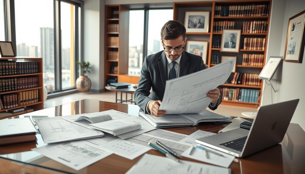 A professional real estate lawyer in a modern office, analyzing legal documents related to property transactions in Brazil. The foreground features an elegantly designed desk cluttered with blueprints, contracts, and a laptop displaying a legal database. In the middle, the lawyer, dressed in a tailored suit, is focused on the documents, with a thoughtful expression. The background reveals a well-lit office with bookshelves filled with legal texts, framed certificates on the walls, and a large window showcasing a city skyline. Soft natural light streams in, creating a calm, professional atmosphere that emphasizes the importance of legal safety in real estate transactions. A professional real estate lawyer in a modern office, analyzing legal documents related to property transactions in Brazil. The foreground features an elegantly designed desk cluttered with blueprints, contracts, and a laptop displaying a legal database. In the middle, the lawyer, dressed in a tailored suit, is focused on the documents, with a thoughtful expression. The background reveals a well-lit office with bookshelves filled with legal texts, framed certificates on the walls, and a large window showcasing a city skyline. Soft natural light streams in, creating a calm, professional atmosphere that emphasizes the importance of legal safety in real estate transactions.
