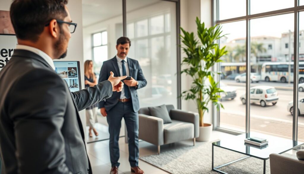 A professional real estate office in Maringá, Brazil, showcasing a welcoming environment for prospective buyers. In the foreground, a well-dressed real estate agent, in business attire, is engaging with a couple, pointing towards a digital display of property listings. The middle ground features a modern reception area with stylish furniture and a lush indoor plant, creating a comforting atmosphere. In the background, large windows reveal a sunny, bustling city street, adding vibrancy. Soft natural lighting floods the scene, emphasizing trust and professionalism. The overall mood is warm and inviting, instilling confidence in potential home buyers considering their investment. A professional real estate office in Maringá, Brazil, showcasing a welcoming environment for prospective buyers. In the foreground, a well-dressed real estate agent, in business attire, is engaging with a couple, pointing towards a digital display of property listings. The middle ground features a modern reception area with stylish furniture and a lush indoor plant, creating a comforting atmosphere. In the background, large windows reveal a sunny, bustling city street, adding vibrancy. Soft natural lighting floods the scene, emphasizing trust and professionalism. The overall mood is warm and inviting, instilling confidence in potential home buyers considering their investment.