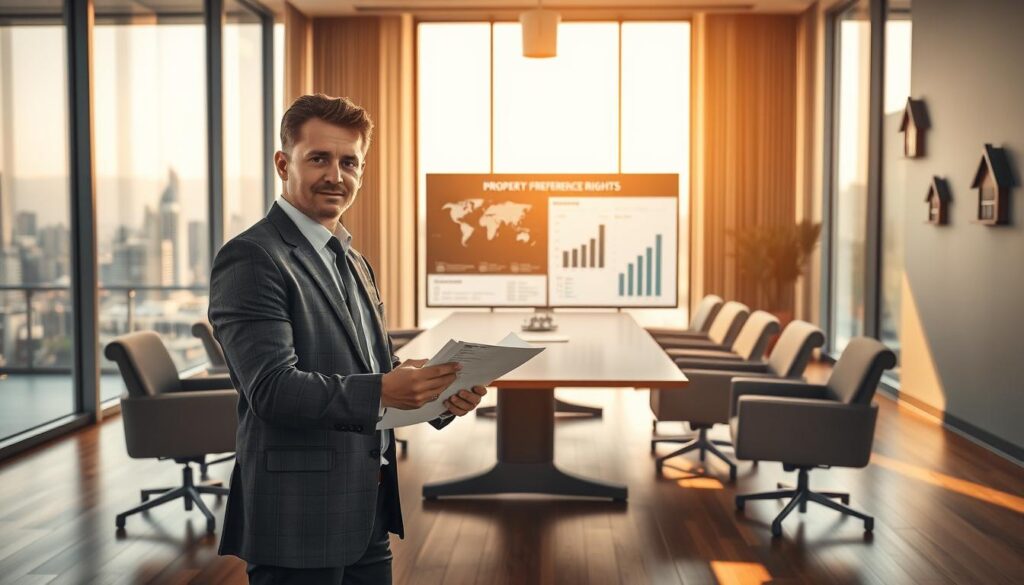 A professional real estate office interior, showcasing a modern meeting space with a large table and comfortable chairs. In the foreground, a confident business professional in business attire is reviewing property documents, with a focused expression. The middle ground features a sleek presentation screen displaying property listings and graphs related to real estate preferences. In the background, large windows reveal a cityscape bathed in warm afternoon light, creating an inviting atmosphere. Soft shadows play across the polished wooden floor, and house icons subtly adorn the walls, enhancing the theme of property ownership rights. The mood is serious yet optimistic, reflecting the concept of property preference rights in real estate transactions. A professional real estate office interior, showcasing a modern meeting space with a large table and comfortable chairs. In the foreground, a confident business professional in business attire is reviewing property documents, with a focused expression. The middle ground features a sleek presentation screen displaying property listings and graphs related to real estate preferences. In the background, large windows reveal a cityscape bathed in warm afternoon light, creating an inviting atmosphere. Soft shadows play across the polished wooden floor, and house icons subtly adorn the walls, enhancing the theme of property ownership rights. The mood is serious yet optimistic, reflecting the concept of property preference rights in real estate transactions.