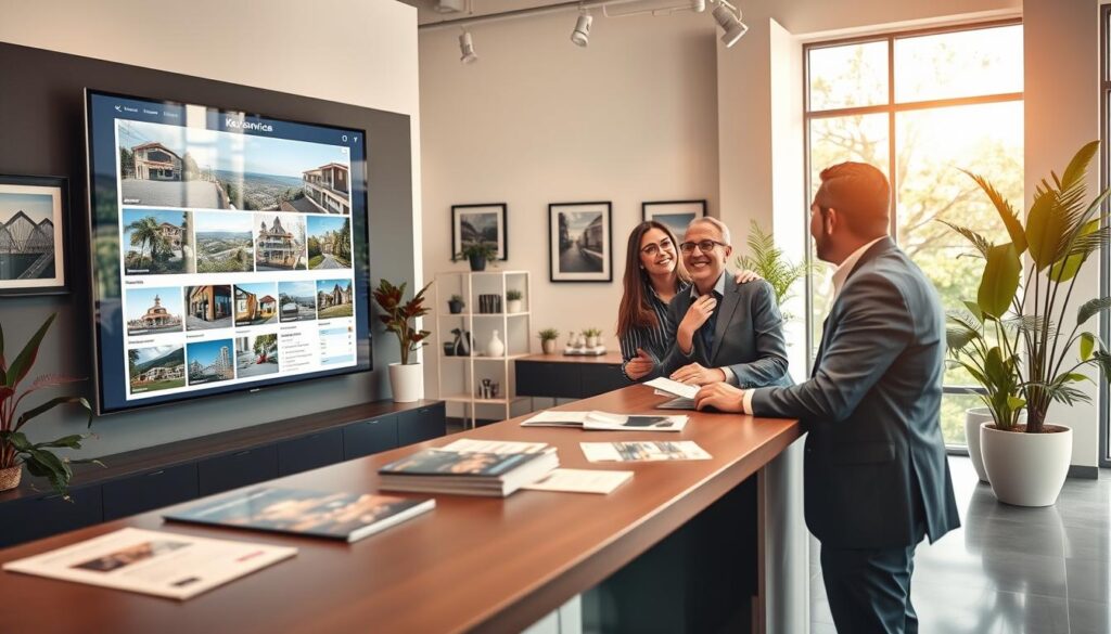 A professional real estate office interior showcasing the essence of "key services" in property sales and rentals. In the foreground, display a modern and sleek reception desk with a friendly consultant dressed in business attire, interacting with a satisfied client. In the middle, feature a large digital screen displaying various property listings, alongside brochures and marketing materials spread out. The background shows a well-organized office with framed pictures of Maringá's neighborhoods, plants, and a large window with sunlight filtering through, creating an inviting atmosphere. The lighting is warm and bright, emphasizing a welcoming mood, while the angle captures a slightly elevated view, providing depth to the scene. Ensure a professional and polished aesthetic throughout. A professional real estate office interior showcasing the essence of "key services" in property sales and rentals. In the foreground, display a modern and sleek reception desk with a friendly consultant dressed in business attire, interacting with a satisfied client. In the middle, feature a large digital screen displaying various property listings, alongside brochures and marketing materials spread out. The background shows a well-organized office with framed pictures of Maringá's neighborhoods, plants, and a large window with sunlight filtering through, creating an inviting atmosphere. The lighting is warm and bright, emphasizing a welcoming mood, while the angle captures a slightly elevated view, providing depth to the scene. Ensure a professional and polished aesthetic throughout.