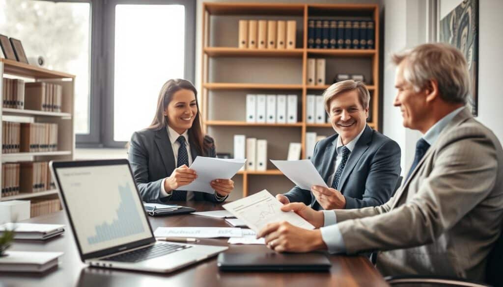 A professional real estate office scene featuring a well-dressed financial consultant discussing property deeds with a couple. In the foreground, the couple, smiling and attentive, holds paperwork while a laptop is open on the desk displaying a housing market graph. The middle ground contains shelves filled with legal books and property brochures. In the background, a large window allows soft natural light to illuminate the room, casting gentle shadows and enhancing the professional atmosphere. The mood is informative and friendly, emphasizing trust and clarity in financial matters. The composition should have a slight depth of field, focusing on the interaction while softly blurring the background elements. A professional real estate office scene featuring a well-dressed financial consultant discussing property deeds with a couple. In the foreground, the couple, smiling and attentive, holds paperwork while a laptop is open on the desk displaying a housing market graph. The middle ground contains shelves filled with legal books and property brochures. In the background, a large window allows soft natural light to illuminate the room, casting gentle shadows and enhancing the professional atmosphere. The mood is informative and friendly, emphasizing trust and clarity in financial matters. The composition should have a slight depth of field, focusing on the interaction while softly blurring the background elements.
