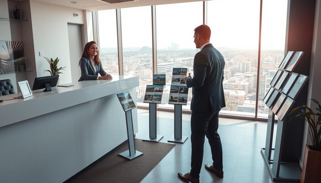 A professional real estate office setting in Jandaia do Sul, Paraná, showcasing the concept of "credenciamento CRECI." In the foreground, a sleek, modern reception desk with a professional agent in business attire warmly greeting a client. The middle ground features a well-organized display of property listings and brochures on contemporary stands, reflecting the local architecture. In the background, large windows reveal a view of the vibrant city, basking in natural lighting, suggesting a sunny day. The mood is welcoming and professional, conveying trust and expertise in the real estate market. The angle is slightly elevated, capturing the layout and atmosphere of the office without any text or branding elements. A professional real estate office setting in Jandaia do Sul, Paraná, showcasing the concept of "credenciamento CRECI." In the foreground, a sleek, modern reception desk with a professional agent in business attire warmly greeting a client. The middle ground features a well-organized display of property listings and brochures on contemporary stands, reflecting the local architecture. In the background, large windows reveal a view of the vibrant city, basking in natural lighting, suggesting a sunny day. The mood is welcoming and professional, conveying trust and expertise in the real estate market. The angle is slightly elevated, capturing the layout and atmosphere of the office without any text or branding elements.