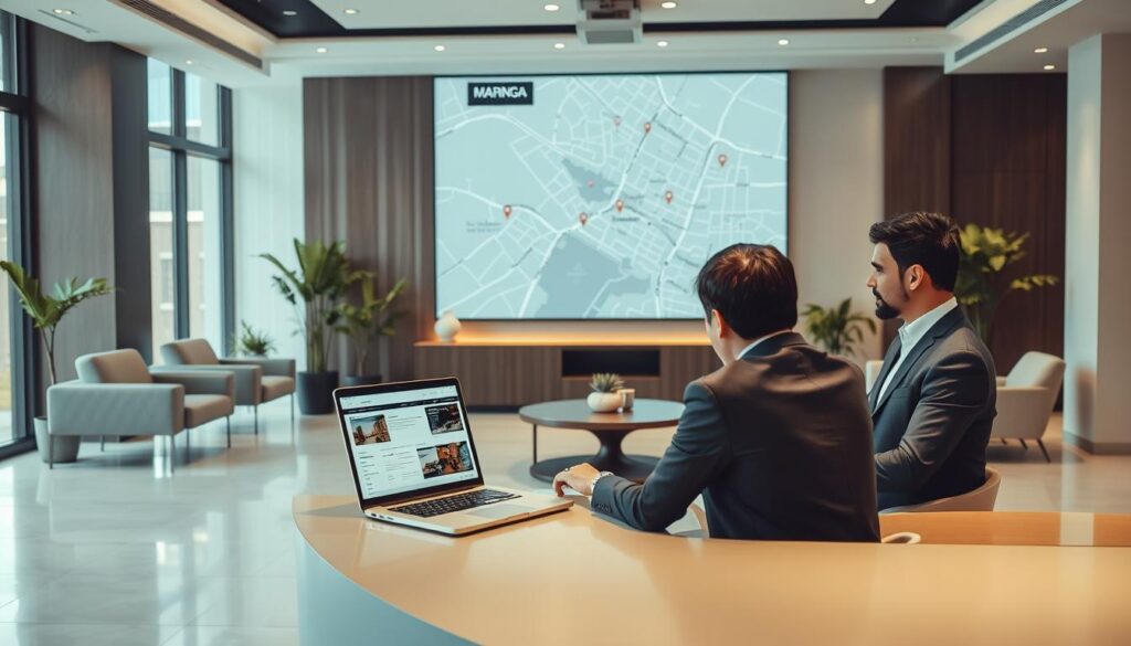 A professional real estate office setting in Maringá, showing a sleek reception area with a welcoming atmosphere. In the foreground, a knowledgeable agent in business attire is seated at a desk, engaging with clients over a laptop displaying property listings. In the middle, a large screen showcases a map of Maringá, dotted with pins indicating various neighborhoods and properties. The background features elegant design elements, like modern furniture and greenery, enhancing the professional vibe. Soft, natural light filters through large windows, creating a warm and inviting feel. The focus is on trust and credibility, with a calm, engaging color palette to evoke a sense of security and reliability in real estate transactions. A professional real estate office setting in Maringá, showing a sleek reception area with a welcoming atmosphere. In the foreground, a knowledgeable agent in business attire is seated at a desk, engaging with clients over a laptop displaying property listings. In the middle, a large screen showcases a map of Maringá, dotted with pins indicating various neighborhoods and properties. The background features elegant design elements, like modern furniture and greenery, enhancing the professional vibe. Soft, natural light filters through large windows, creating a warm and inviting feel. The focus is on trust and credibility, with a calm, engaging color palette to evoke a sense of security and reliability in real estate transactions.