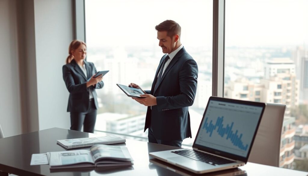 A professional realtor stands confidently in a modern office environment, dressed in a tailored suit, engaging with a digital tablet. In the foreground, the realtor is discussing property options while showcasing images of homes on the screen. In the middle ground, a sleek desk with real estate brochures and a laptop open to a market analysis. The background features a large window with a panoramic view of a bustling cityscape, indicating the digital market's reach. Soft, natural lighting filters through the window, casting a warm glow on the scene. The mood is inviting yet professional, capturing the essence of trust and expertise in real estate today. A professional realtor stands confidently in a modern office environment, dressed in a tailored suit, engaging with a digital tablet. In the foreground, the realtor is discussing property options while showcasing images of homes on the screen. In the middle ground, a sleek desk with real estate brochures and a laptop open to a market analysis. The background features a large window with a panoramic view of a bustling cityscape, indicating the digital market's reach. Soft, natural lighting filters through the window, casting a warm glow on the scene. The mood is inviting yet professional, capturing the essence of trust and expertise in real estate today.