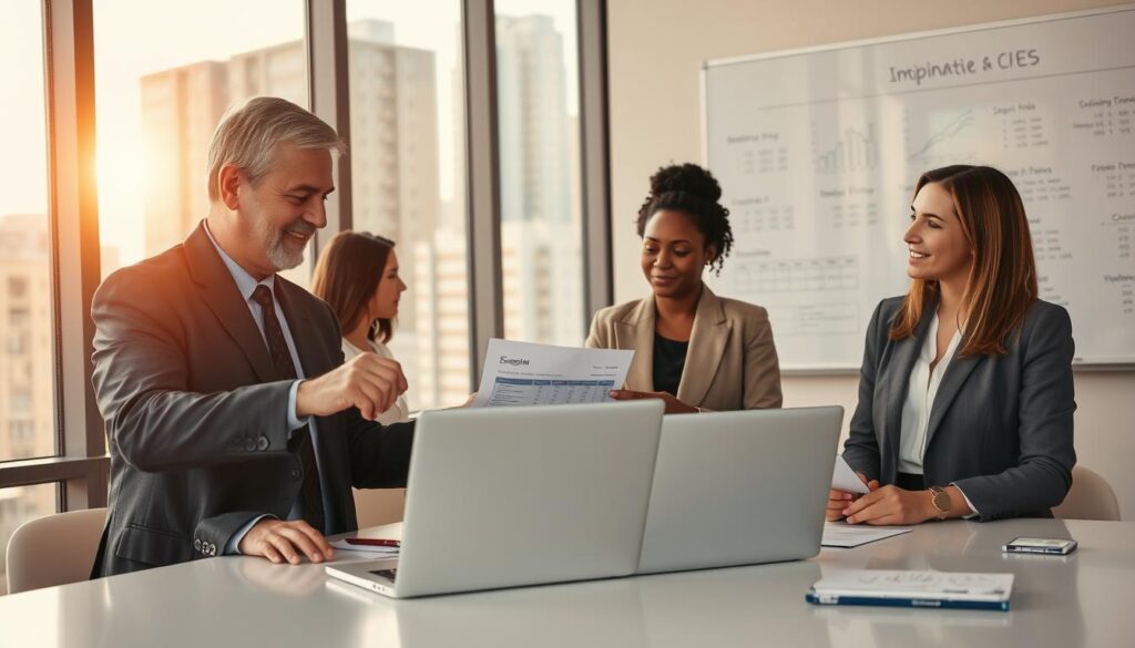 A professional setting depicting a diverse group of individuals engaged in a discussion about alternative financing options for property purchasing. In the foreground, a middle-aged man in a smart business suit is pointing to a document on a modern laptop, while a woman in professional attire takes notes, looking attentively at the screen. In the middle ground, a large window showcases an urban landscape, with buildings reflecting the afternoon sun. The atmosphere conveys optimism and collaboration, with warm, natural lighting creating an inspiring mood. The background features whiteboard notes with financial graphs and key terms related to alternative financing methods. The composition should be well-balanced, emphasizing the dynamic exchange of ideas. A professional setting depicting a diverse group of individuals engaged in a discussion about alternative financing options for property purchasing. In the foreground, a middle-aged man in a smart business suit is pointing to a document on a modern laptop, while a woman in professional attire takes notes, looking attentively at the screen. In the middle ground, a large window showcases an urban landscape, with buildings reflecting the afternoon sun. The atmosphere conveys optimism and collaboration, with warm, natural lighting creating an inspiring mood. The background features whiteboard notes with financial graphs and key terms related to alternative financing methods. The composition should be well-balanced, emphasizing the dynamic exchange of ideas.