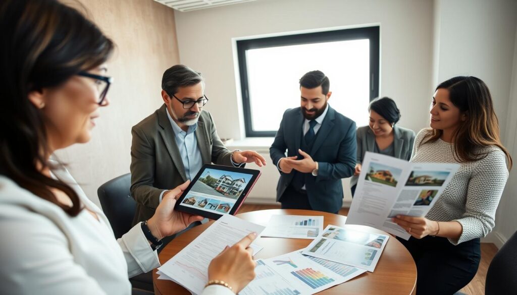 A professional setting depicting a diverse group of individuals engaged in a meeting about real estate consórcio. In the foreground, a middle-aged woman in business attire intently reviews documents, while a young man in a smart casual outfit gestures towards a digital tablet displaying housing options. In the middle ground, a round table filled with property brochures and financial reports, with two more participants discussing animatedly. The background features a large window with soft natural light illuminating the room, giving a bright and optimistic atmosphere. The angle is slightly overhead, showcasing the dynamic interaction among the group. The overall mood is collaborative and focused, reflecting a productive atmosphere where strategies for real estate investment are discussed. A professional setting depicting a diverse group of individuals engaged in a meeting about real estate consórcio. In the foreground, a middle-aged woman in business attire intently reviews documents, while a young man in a smart casual outfit gestures towards a digital tablet displaying housing options. In the middle ground, a round table filled with property brochures and financial reports, with two more participants discussing animatedly. The background features a large window with soft natural light illuminating the room, giving a bright and optimistic atmosphere. The angle is slightly overhead, showcasing the dynamic interaction among the group. The overall mood is collaborative and focused, reflecting a productive atmosphere where strategies for real estate investment are discussed.