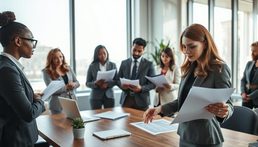 A professional setting depicting a diverse group of individuals in a business meeting about real estate financing. In the foreground, a businesswoman presenting important documents on a table, wearing smart business attire. In the middle, a group of attentive professionals, including both men and women, discussing and reviewing papers, highlighting a sense of teamwork and collaboration. The background features a modern office with large windows allowing natural light to fill the space, casting soft shadows. Use a wide-angle lens to capture the entire scene, emphasizing the seriousness and importance of financial documentation. The atmosphere should convey a sense of focus, preparation, and professionalism, with subtle details like a potted plant and a laptop on the table to enhance the environment. A professional setting depicting a diverse group of individuals in a business meeting about real estate financing. In the foreground, a businesswoman presenting important documents on a table, wearing smart business attire. In the middle, a group of attentive professionals, including both men and women, discussing and reviewing papers, highlighting a sense of teamwork and collaboration. The background features a modern office with large windows allowing natural light to fill the space, casting soft shadows. Use a wide-angle lens to capture the entire scene, emphasizing the seriousness and importance of financial documentation. The atmosphere should convey a sense of focus, preparation, and professionalism, with subtle details like a potted plant and a laptop on the table to enhance the environment.