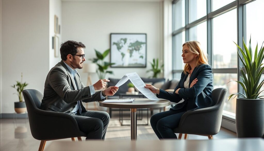 A professional setting depicting a negotiation scenario between a property owner and a potential tenant. In the foreground, a male and female figure, both dressed in smart casual attire, sit across from each other at a small round table. The male figure gestures towards a property document, indicating important terms, while the female figure listens attentively, her expression thoughtful. In the middle ground, a modern apartment interior is visible, showcasing a well-lit and inviting space with tasteful decor and plants. In the background, a large window reveals a sunny Maringá skyline. Soft, natural lighting bathes the scene, creating an atmosphere of openness and professionalism. The image conveys the essence of careful negotiation and the common pitfalls faced in renting directly from property owners. A professional setting depicting a negotiation scenario between a property owner and a potential tenant. In the foreground, a male and female figure, both dressed in smart casual attire, sit across from each other at a small round table. The male figure gestures towards a property document, indicating important terms, while the female figure listens attentively, her expression thoughtful. In the middle ground, a modern apartment interior is visible, showcasing a well-lit and inviting space with tasteful decor and plants. In the background, a large window reveals a sunny Maringá skyline. Soft, natural lighting bathes the scene, creating an atmosphere of openness and professionalism. The image conveys the essence of careful negotiation and the common pitfalls faced in renting directly from property owners.