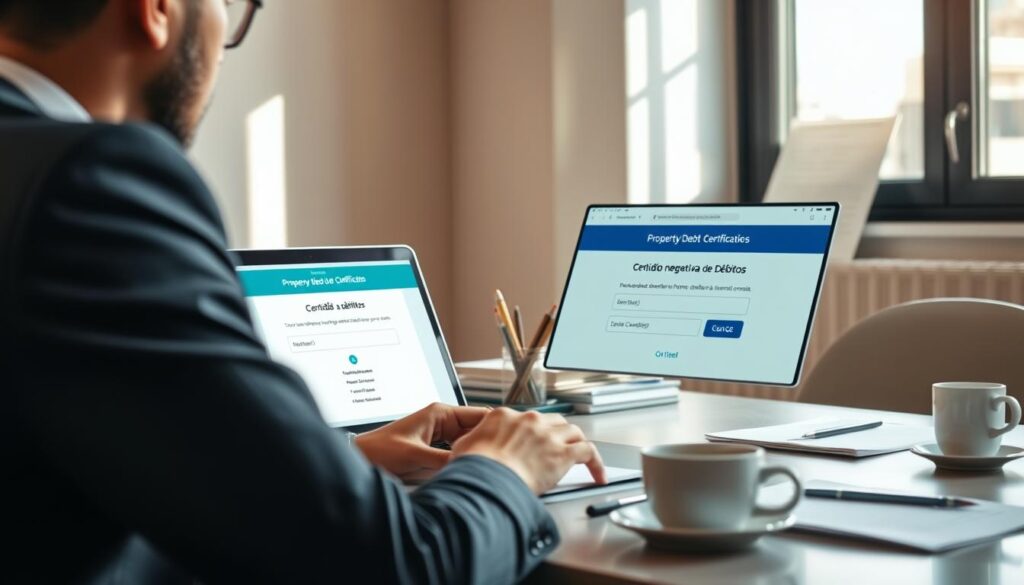 A professional setting depicting a person in business attire sitting at a modern desk, focused on their laptop, navigating an online portal for obtaining a property debt clearance certificate. In the foreground, the laptop screen shows a user-friendly interface with the words "Certidão Negativa de Débitos" highlighted. The middle ground includes a neatly organized workspace with pens, papers, and a coffee cup. In the background, a window allows natural light to stream in, illuminating the room and creating a warm, professional atmosphere. Soft shadows enhance the details, and the overall mood is optimistic and efficient, reflecting the ease of accessing official documents online. A professional setting depicting a person in business attire sitting at a modern desk, focused on their laptop, navigating an online portal for obtaining a property debt clearance certificate. In the foreground, the laptop screen shows a user-friendly interface with the words "Certidão Negativa de Débitos" highlighted. The middle ground includes a neatly organized workspace with pens, papers, and a coffee cup. In the background, a window allows natural light to stream in, illuminating the room and creating a warm, professional atmosphere. Soft shadows enhance the details, and the overall mood is optimistic and efficient, reflecting the ease of accessing official documents online.