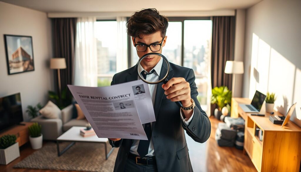 A professional setting depicting a person inspecting an apartment rental. In the foreground, a concerned young adult wearing smart casual attire is examining a rental contract with a magnifying glass. The middle ground features a well-furnished apartment with modern decor, emphasizing details like a cozy sofa, potted plants, and decorative artwork. In the background, an open window reveals a cityscape of Maringá, Brazil, with subtle hints of digital devices like a laptop and smartphone highlighting the online aspect of rental scams. The lighting is warm and inviting, casting soft shadows, creating a calm yet alert atmosphere, suggesting caution and awareness in the search for rentals. A professional setting depicting a person inspecting an apartment rental. In the foreground, a concerned young adult wearing smart casual attire is examining a rental contract with a magnifying glass. The middle ground features a well-furnished apartment with modern decor, emphasizing details like a cozy sofa, potted plants, and decorative artwork. In the background, an open window reveals a cityscape of Maringá, Brazil, with subtle hints of digital devices like a laptop and smartphone highlighting the online aspect of rental scams. The lighting is warm and inviting, casting soft shadows, creating a calm yet alert atmosphere, suggesting caution and awareness in the search for rentals.
