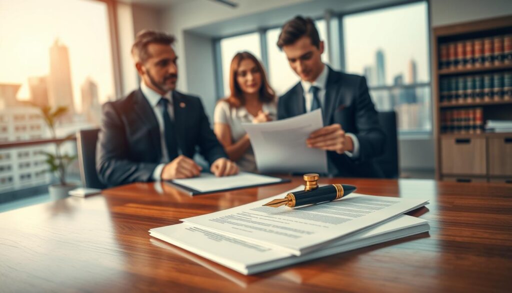 A professional setting depicting a public property deed signing ceremony. In the foreground, a polished wooden table holds a meticulously arranged stack of legal documents, highlighted by a graceful fountain pen resting on top. A pair of hands, dressed in formal business attire, is seen placing a signing stamp on the paperwork. In the middle ground, two individuals (a man and a woman), both dressed in smart business attire, engage in a serious discussion, with one pointing at a document. Behind them, a softly lit office space with shelves of legal books and a window showing the skyline of a city, adding context to the importance of the transaction. The overall atmosphere is focused and professional, conveying a sense of trust and legal seriousness. The lighting is warm and inviting, creating a calm but serious mood. A professional setting depicting a public property deed signing ceremony. In the foreground, a polished wooden table holds a meticulously arranged stack of legal documents, highlighted by a graceful fountain pen resting on top. A pair of hands, dressed in formal business attire, is seen placing a signing stamp on the paperwork. In the middle ground, two individuals (a man and a woman), both dressed in smart business attire, engage in a serious discussion, with one pointing at a document. Behind them, a softly lit office space with shelves of legal books and a window showing the skyline of a city, adding context to the importance of the transaction. The overall atmosphere is focused and professional, conveying a sense of trust and legal seriousness. The lighting is warm and inviting, creating a calm but serious mood.