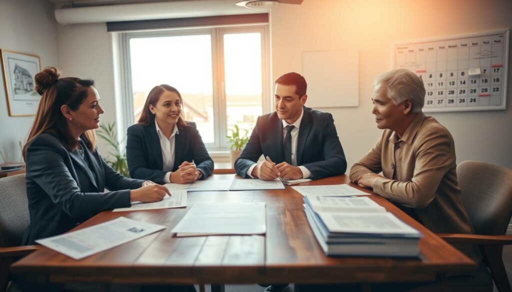 A professional setting depicting a real estate transaction involving a used property. In the foreground, a diverse group of three individuals dressed in professional business attire—an agent, a buyer, and a seller—engaged in thoughtful discussion at a wooden table strewn with property documents. In the middle, a large window allows soft natural light to pour in, illuminating a cozy, inviting office space furnished with modern decor and a plan of the house on a wall. The background showcases a calendar with marked dates highlighting key stages in the buying process. The atmosphere conveys trust and collaboration, emphasizing the practicality of purchasing a used home. The image is well-composed, capturing an eye-level angle that enhances the sense of engagement while maintaining clarity and focus. A professional setting depicting a real estate transaction involving a used property. In the foreground, a diverse group of three individuals dressed in professional business attire—an agent, a buyer, and a seller—engaged in thoughtful discussion at a wooden table strewn with property documents. In the middle, a large window allows soft natural light to pour in, illuminating a cozy, inviting office space furnished with modern decor and a plan of the house on a wall. The background showcases a calendar with marked dates highlighting key stages in the buying process. The atmosphere conveys trust and collaboration, emphasizing the practicality of purchasing a used home. The image is well-composed, capturing an eye-level angle that enhances the sense of engagement while maintaining clarity and focus.