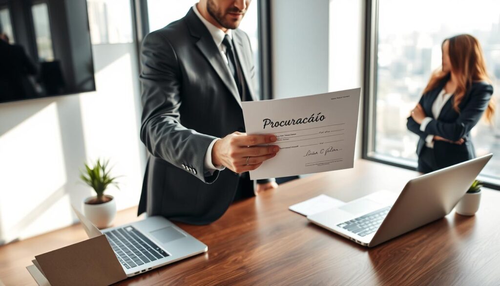 A professional setting depicting a real estate transaction with a focus on a "procuração" document. In the foreground, a well-dressed man in a suit is handing a signed procuração to a woman in business attire, both appearing engaged in a serious discussion. The middle ground shows a sleek wooden desk with an open laptop, property papers, and a small potted plant, indicating a modern office environment. The background features a large window allowing natural light to flood the room, highlighting a city skyline. The atmosphere is focused and professional, evoking trust and security in real estate dealings, with a soft focus on the edges to emphasize the central figures and document. A professional setting depicting a real estate transaction with a focus on a "procuração" document. In the foreground, a well-dressed man in a suit is handing a signed procuração to a woman in business attire, both appearing engaged in a serious discussion. The middle ground shows a sleek wooden desk with an open laptop, property papers, and a small potted plant, indicating a modern office environment. The background features a large window allowing natural light to flood the room, highlighting a city skyline. The atmosphere is focused and professional, evoking trust and security in real estate dealings, with a soft focus on the edges to emphasize the central figures and document.