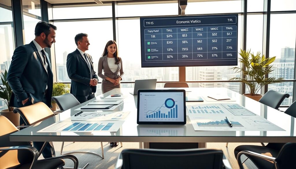 A professional setting depicting economic viability, featuring a modern office workspace. In the foreground, a diverse group of three business professionals—one man in a tailored suit, one woman in a smart dress, and another person in business casual attire—are gathered around a sleek conference table covered with financial charts, graphs, and a laptop displaying data analysis. In the middle ground, a large wall-mounted screen displays key financial metrics like TIR, VPL, WACC, and TMA. The background shows a panoramic view of a city skyline through large glass windows. Bright, natural light floods the room, creating an energetic and focused atmosphere, while hints of greenery from potted plants soften the professional environment. The overall mood is analytical and forward-thinking, reflecting economic decision-making. A professional setting depicting economic viability, featuring a modern office workspace. In the foreground, a diverse group of three business professionals—one man in a tailored suit, one woman in a smart dress, and another person in business casual attire—are gathered around a sleek conference table covered with financial charts, graphs, and a laptop displaying data analysis. In the middle ground, a large wall-mounted screen displays key financial metrics like TIR, VPL, WACC, and TMA. The background shows a panoramic view of a city skyline through large glass windows. Bright, natural light floods the room, creating an energetic and focused atmosphere, while hints of greenery from potted plants soften the professional environment. The overall mood is analytical and forward-thinking, reflecting economic decision-making.