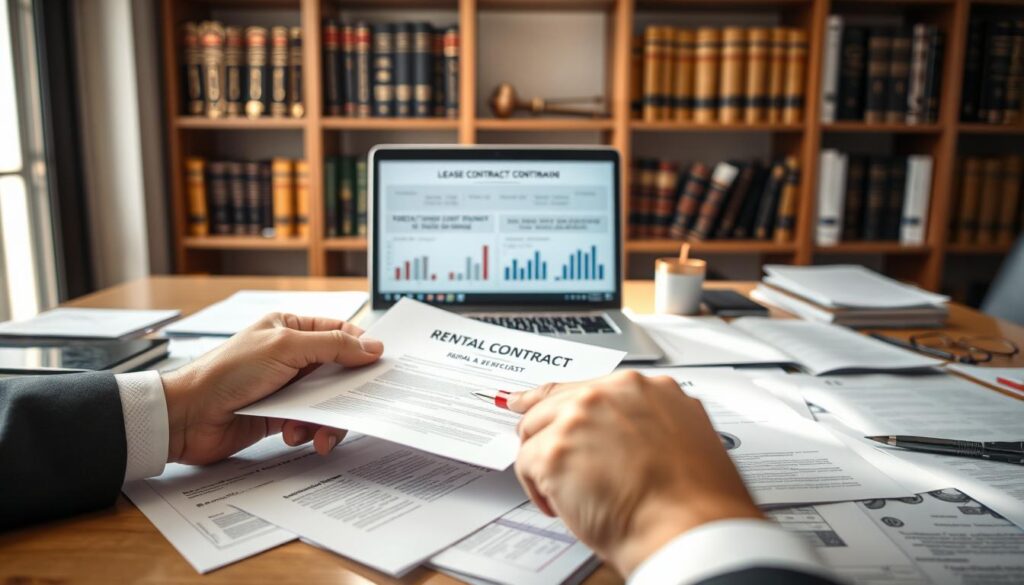 A professional setting featuring an office desk cluttered with scattered documents related to rental agreements. In the foreground, a pair of hands, dressed in formal business attire, are reviewing a rental contract, with a red pen poised for signing. The middle of the scene showcases a laptop displaying graphs and key figures about lease termination penalties and timelines. In the background, a soft-focus bookshelf filled with legal books creates an educational atmosphere. Natural light streams through a nearby window, casting soft shadows and enhancing the professional mood. The overall tone is serious and focused, embodying the concept of understanding rental contract termination. A professional setting featuring an office desk cluttered with scattered documents related to rental agreements. In the foreground, a pair of hands, dressed in formal business attire, are reviewing a rental contract, with a red pen poised for signing. The middle of the scene showcases a laptop displaying graphs and key figures about lease termination penalties and timelines. In the background, a soft-focus bookshelf filled with legal books creates an educational atmosphere. Natural light streams through a nearby window, casting soft shadows and enhancing the professional mood. The overall tone is serious and focused, embodying the concept of understanding rental contract termination.