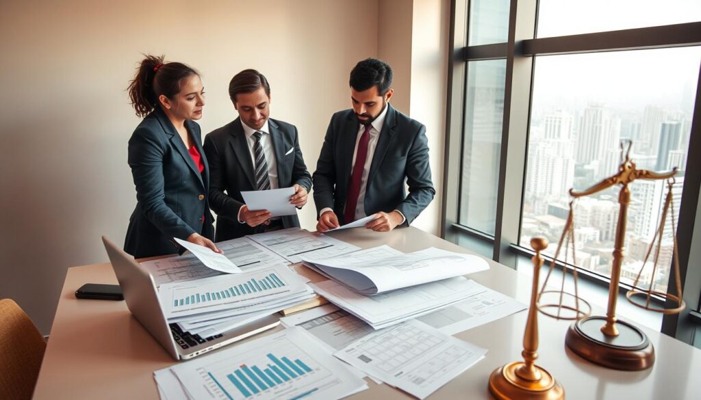 A professional setting illustrating the concept of real estate regularization in Brazil. In the foreground, a diverse group of three professionals in smart business attire, deeply engaged in a discussion over property documents and blueprints. In the middle ground, a small office space with a large desk cluttered with legal papers, a laptop showcasing data analytics graphs, and a legal scale symbolizing justice. In the background, a window revealing a modern cityscape with iconic Brazilian architecture, suggesting growth and investment. The lighting is soft and warm, casting natural shadows, evoking a mood of seriousness and optimism about property investment and legal security. The camera angle is slightly high, providing a comprehensive view of the scene. A professional setting illustrating the concept of real estate regularization in Brazil. In the foreground, a diverse group of three professionals in smart business attire, deeply engaged in a discussion over property documents and blueprints. In the middle ground, a small office space with a large desk cluttered with legal papers, a laptop showcasing data analytics graphs, and a legal scale symbolizing justice. In the background, a window revealing a modern cityscape with iconic Brazilian architecture, suggesting growth and investment. The lighting is soft and warm, casting natural shadows, evoking a mood of seriousness and optimism about property investment and legal security. The camera angle is slightly high, providing a comprehensive view of the scene.