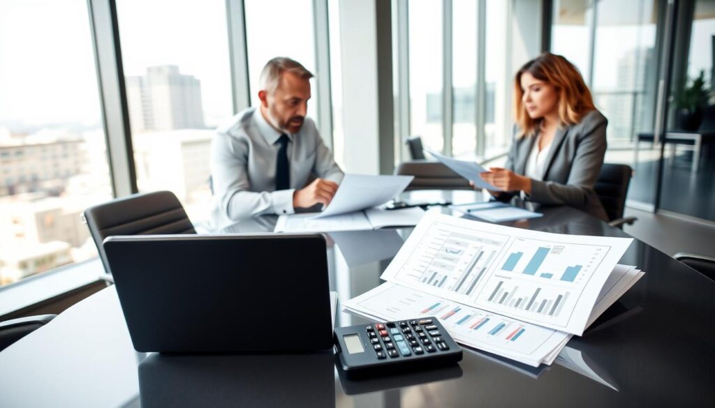 A professional setting inside a modern office, where a diverse group of three individuals sits around a sleek conference table, discussing financial documents. In the foreground, focus on a neatly organized stack of papers detailing income and expenses, with a calculator and a laptop open, showing graphs related to credit analysis. The middle ground features the people: a middle-aged man and woman, both dressed in business attire, animatedly examining the documents, while a younger woman in smart casual clothing takes notes. The background shows a bright window with natural light pouring in, casting soft shadows, and contemporary cityscape views, creating an atmosphere of collaboration and determination towards securing property financing. The image feels professional and focused, embodying the values of trust and accuracy in financial planning. A professional setting inside a modern office, where a diverse group of three individuals sits around a sleek conference table, discussing financial documents. In the foreground, focus on a neatly organized stack of papers detailing income and expenses, with a calculator and a laptop open, showing graphs related to credit analysis. The middle ground features the people: a middle-aged man and woman, both dressed in business attire, animatedly examining the documents, while a younger woman in smart casual clothing takes notes. The background shows a bright window with natural light pouring in, casting soft shadows, and contemporary cityscape views, creating an atmosphere of collaboration and determination towards securing property financing. The image feels professional and focused, embodying the values of trust and accuracy in financial planning.