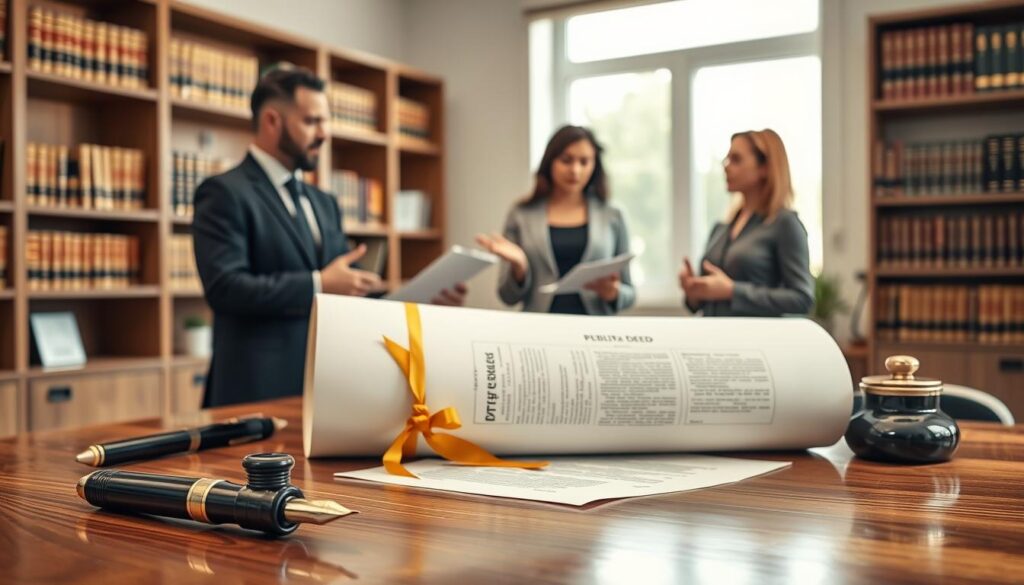 A professional setting showcasing a public deed (escritura pública) prominently displayed on a polished wooden desk in the foreground. The document is neatly rolled, tied with a golden ribbon, alongside an elegant fountain pen and an ink pot. In the middle ground, a diverse group of three individuals in professional business attire—a man in a suit and two women in smart blouses—are engaged in a serious discussion, gesturing towards the document. The background features a softly lit office with shelves filled with law books and a large window that allows natural light to stream in, creating a warm and inviting atmosphere. The mood is serious yet collaborative, reflecting the importance of legal documents. The image should focus on clarity, with a slight depth of field to emphasize the subjects and the document on the desk. A professional setting showcasing a public deed (escritura pública) prominently displayed on a polished wooden desk in the foreground. The document is neatly rolled, tied with a golden ribbon, alongside an elegant fountain pen and an ink pot. In the middle ground, a diverse group of three individuals in professional business attire—a man in a suit and two women in smart blouses—are engaged in a serious discussion, gesturing towards the document. The background features a softly lit office with shelves filled with law books and a large window that allows natural light to stream in, creating a warm and inviting atmosphere. The mood is serious yet collaborative, reflecting the importance of legal documents. The image should focus on clarity, with a slight depth of field to emphasize the subjects and the document on the desk.