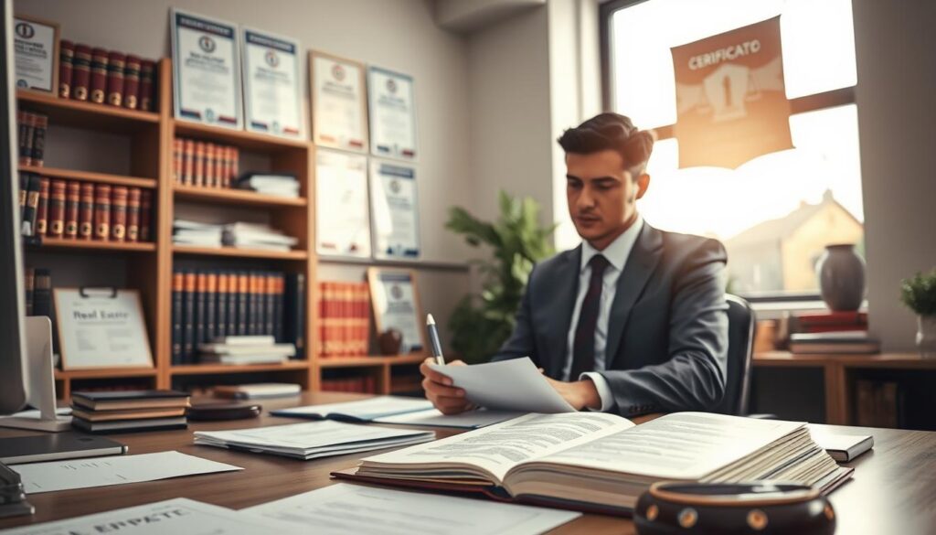 A professional setting showcasing a real estate incorporation registration office. In the foreground, a well-organized desk with documents, a computer, and a legal book open to a page about property registration. A businessperson in professional attire, focused, reviewing papers, with a pen in hand. The middle ground features shelves filled with legal books and certification banners related to real estate laws. In the background, a large window allows soft, natural light to illuminate the room, giving a warm and welcoming ambiance. The overall atmosphere is one of professionalism and diligence, emphasizing the legal framework surrounding real estate incorporation. Use a standard lens for a clear view and inviting composition. A professional setting showcasing a real estate incorporation registration office. In the foreground, a well-organized desk with documents, a computer, and a legal book open to a page about property registration. A businessperson in professional attire, focused, reviewing papers, with a pen in hand. The middle ground features shelves filled with legal books and certification banners related to real estate laws. In the background, a large window allows soft, natural light to illuminate the room, giving a warm and welcoming ambiance. The overall atmosphere is one of professionalism and diligence, emphasizing the legal framework surrounding real estate incorporation. Use a standard lens for a clear view and inviting composition.