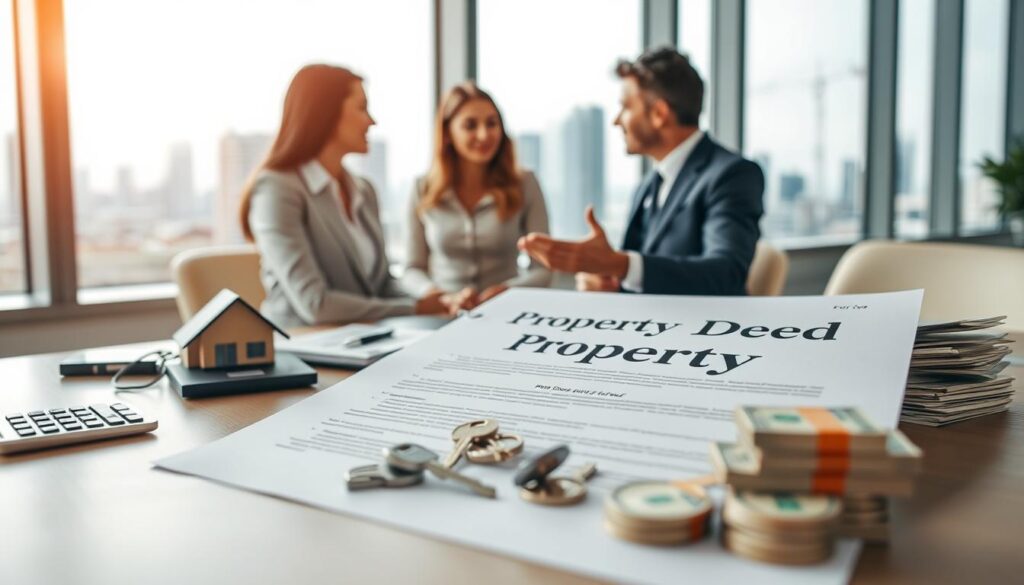 A professional setting showcasing a real estate transaction, focusing on the essential elements of a property deed. In the foreground, a neatly organized table displays a large, open document titled "Property Deed," surrounded by a calculator, a set of house keys, and stacks of money, symbolizing various property values. In the middle ground, a couple in business attire consults with a real estate agent, who gestures towards the document. The background features a large window with a view of a city skyline, indicating an urban property market. Soft, natural lighting filters through, creating a warm and welcoming atmosphere, while the angle is slightly elevated to encapsulate the interaction and the document prominently. A professional setting showcasing a real estate transaction, focusing on the essential elements of a property deed. In the foreground, a neatly organized table displays a large, open document titled "Property Deed," surrounded by a calculator, a set of house keys, and stacks of money, symbolizing various property values. In the middle ground, a couple in business attire consults with a real estate agent, who gestures towards the document. The background features a large window with a view of a city skyline, indicating an urban property market. Soft, natural lighting filters through, creating a warm and welcoming atmosphere, while the angle is slightly elevated to encapsulate the interaction and the document prominently.