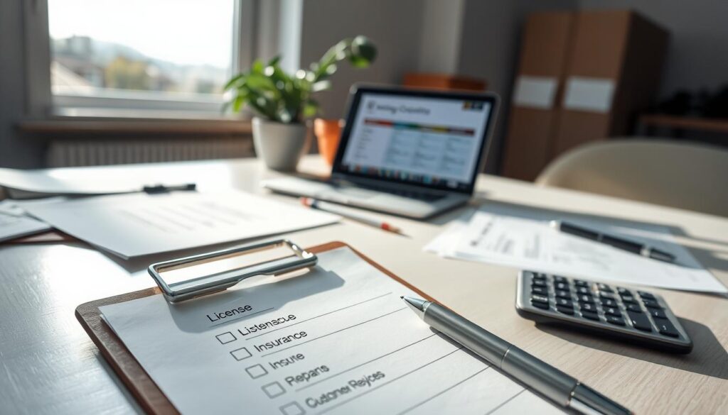 A professional setting showcasing the essential criteria for evaluating a moving company. In the foreground, a clipboard with a checklist containing items like “License,” “Insurance,” and “Customer Reviews,” surrounded by a pen and a calculator. The middle features a well-organized desk with documents, a laptop displaying a comparison of moving quotes, and a potted plant for a touch of greenery. In the background, a bright window reveals a clear day outside, adding a sense of openness and clarity. Soft, natural lighting casts gentle shadows, creating a calm and focused atmosphere. The overall mood is one of professionalism, trustworthiness, and diligence, ideal for an article about evaluating moving companies in Maringá. A professional setting showcasing the essential criteria for evaluating a moving company. In the foreground, a clipboard with a checklist containing items like “License,” “Insurance,” and “Customer Reviews,” surrounded by a pen and a calculator. The middle features a well-organized desk with documents, a laptop displaying a comparison of moving quotes, and a potted plant for a touch of greenery. In the background, a bright window reveals a clear day outside, adding a sense of openness and clarity. Soft, natural lighting casts gentle shadows, creating a calm and focused atmosphere. The overall mood is one of professionalism, trustworthiness, and diligence, ideal for an article about evaluating moving companies in Maringá.