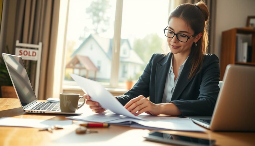 A professional woman in business attire, examining documents related to real estate, sits at a desk cluttered with house keys, a laptop, and a coffee mug, symbolizing the journey of purchasing a home with FGTS. In the background, an image of a cozy house with a "Sold" sign is subtly visible through a window, signifying homeownership. Soft, natural lighting pours in from the side, casting a warm glow across the scene, creating a hopeful and aspirational atmosphere. The focus is on the woman, with a shallow depth of field that blurs the house in the background, emphasizing her determination and clarity of purpose in using FGTS for buying property. The camera angle is slightly elevated, giving a sense of empowerment. A professional woman in business attire, examining documents related to real estate, sits at a desk cluttered with house keys, a laptop, and a coffee mug, symbolizing the journey of purchasing a home with FGTS. In the background, an image of a cozy house with a "Sold" sign is subtly visible through a window, signifying homeownership. Soft, natural lighting pours in from the side, casting a warm glow across the scene, creating a hopeful and aspirational atmosphere. The focus is on the woman, with a shallow depth of field that blurs the house in the background, emphasizing her determination and clarity of purpose in using FGTS for buying property. The camera angle is slightly elevated, giving a sense of empowerment.