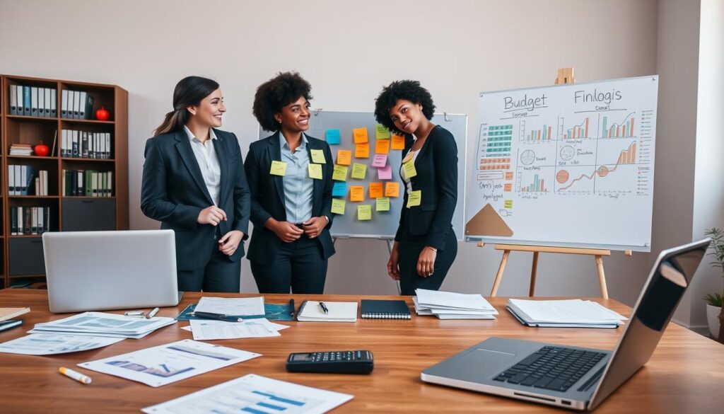A professional workspace focused on financial planning, showcasing a wooden desk with neatly arranged financial documents, a calculator, and a laptop displaying charts and graphs. In the foreground, a diverse group of three individuals in business attire discuss budgeting strategies, their expressions engaged and thoughtful. The middle features a large board with colorful sticky notes outlining financial goals and savings plans, creating an organized and dynamic feel. In the background, a subtle bookshelf filled with finance-related books sets a scholarly tone. Soft, natural light filters in through a window, casting warm reflections and enhancing a calm yet focused atmosphere. The image conveys a sense of determination and clarity, ideal for illustrating the concept of financial planning. A professional workspace focused on financial planning, showcasing a wooden desk with neatly arranged financial documents, a calculator, and a laptop displaying charts and graphs. In the foreground, a diverse group of three individuals in business attire discuss budgeting strategies, their expressions engaged and thoughtful. The middle features a large board with colorful sticky notes outlining financial goals and savings plans, creating an organized and dynamic feel. In the background, a subtle bookshelf filled with finance-related books sets a scholarly tone. Soft, natural light filters in through a window, casting warm reflections and enhancing a calm yet focused atmosphere. The image conveys a sense of determination and clarity, ideal for illustrating the concept of financial planning.