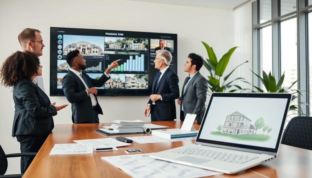 A professional workspace showcasing a real estate consortium operation. In the foreground, a diverse group of three people in business attire are engaged in discussion around a conference table filled with housing plans and financial documents. One person gestures towards a large wall-mounted screen displaying graphs and images of residential properties. In the middle ground, an open laptop shows a detailed plan for a housing project. The background features a bright, modern office with large windows letting in natural light, and a green plant to signify growth. The overall mood is collaborative and focused, conveying teamwork and professionalism. The lighting is bright and inviting, enhancing the serious yet optimistic atmosphere of the meeting. A professional workspace showcasing a real estate consortium operation. In the foreground, a diverse group of three people in business attire are engaged in discussion around a conference table filled with housing plans and financial documents. One person gestures towards a large wall-mounted screen displaying graphs and images of residential properties. In the middle ground, an open laptop shows a detailed plan for a housing project. The background features a bright, modern office with large windows letting in natural light, and a green plant to signify growth. The overall mood is collaborative and focused, conveying teamwork and professionalism. The lighting is bright and inviting, enhancing the serious yet optimistic atmosphere of the meeting.