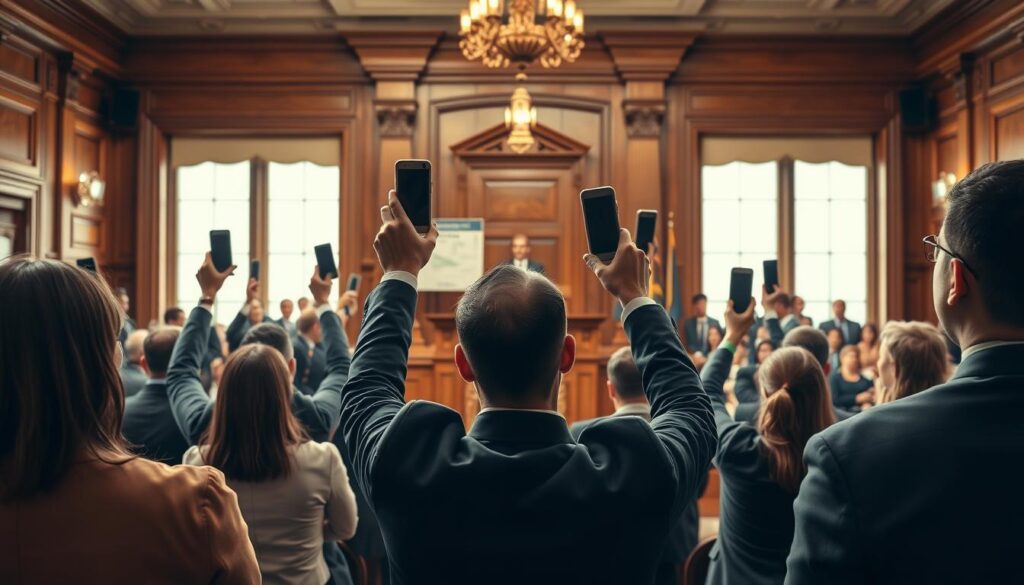 A realistic scene of a judicial auction for real estate. In the foreground, a diverse group of professional bidders, dressed in business attire, are attentively raising their paddles, expressions of focus and determination on their faces. The middle layer features a large, detailed auctioneer's podium with a gavel and property details displayed prominently. In the background, an elegant courtroom setting with wooden paneling, large windows allowing soft natural light to filter in, and a crowd of interested spectators. The atmosphere is serious yet hopeful, capturing the excitement and tension of a property auction. Use a slightly angled perspective for depth, with warm lighting to create an inviting ambiance. A realistic scene of a judicial auction for real estate. In the foreground, a diverse group of professional bidders, dressed in business attire, are attentively raising their paddles, expressions of focus and determination on their faces. The middle layer features a large, detailed auctioneer's podium with a gavel and property details displayed prominently. In the background, an elegant courtroom setting with wooden paneling, large windows allowing soft natural light to filter in, and a crowd of interested spectators. The atmosphere is serious yet hopeful, capturing the excitement and tension of a property auction. Use a slightly angled perspective for depth, with warm lighting to create an inviting ambiance.