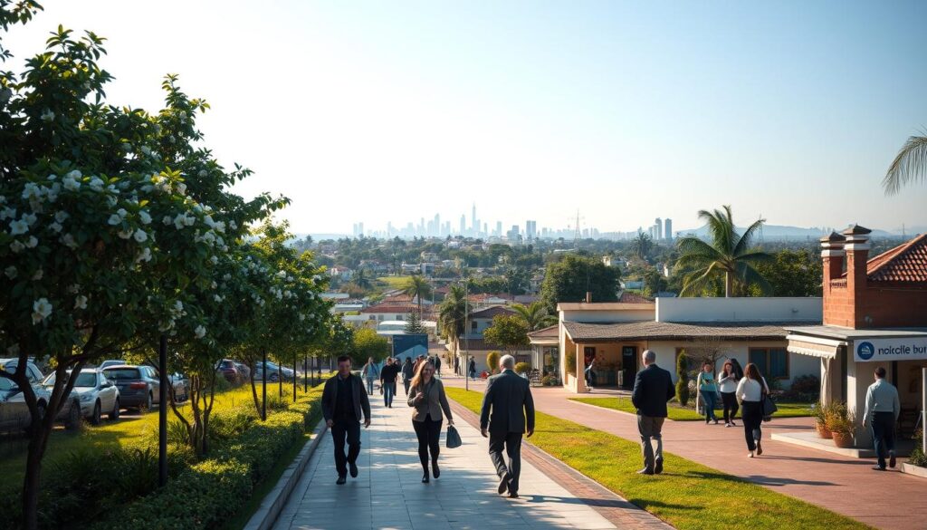 A scenic view capturing the essence of dormitory cities, focusing on a suburban landscape connecting Sarandi and Maringá. In the foreground, depict a well-maintained pedestrian walkway lined with green trees and blooming flowers, occupied by individuals in professional business attire commuting to work. In the middle ground, show a blend of modest residential buildings and small shops, with people engaging in everyday activities, contributing to a lively atmosphere. The background should feature a distant skyline of Maringá, with its identifiable architecture, framed by a clear blue sky and soft, warm sunlight creating a welcoming mood. Utilize a wide-angle lens perspective to emphasize the expanse of this commuter community and capture the dynamic mornings of the residents navigating the space between these two cities. A scenic view capturing the essence of dormitory cities, focusing on a suburban landscape connecting Sarandi and Maringá. In the foreground, depict a well-maintained pedestrian walkway lined with green trees and blooming flowers, occupied by individuals in professional business attire commuting to work. In the middle ground, show a blend of modest residential buildings and small shops, with people engaging in everyday activities, contributing to a lively atmosphere. The background should feature a distant skyline of Maringá, with its identifiable architecture, framed by a clear blue sky and soft, warm sunlight creating a welcoming mood. Utilize a wide-angle lens perspective to emphasize the expanse of this commuter community and capture the dynamic mornings of the residents navigating the space between these two cities.