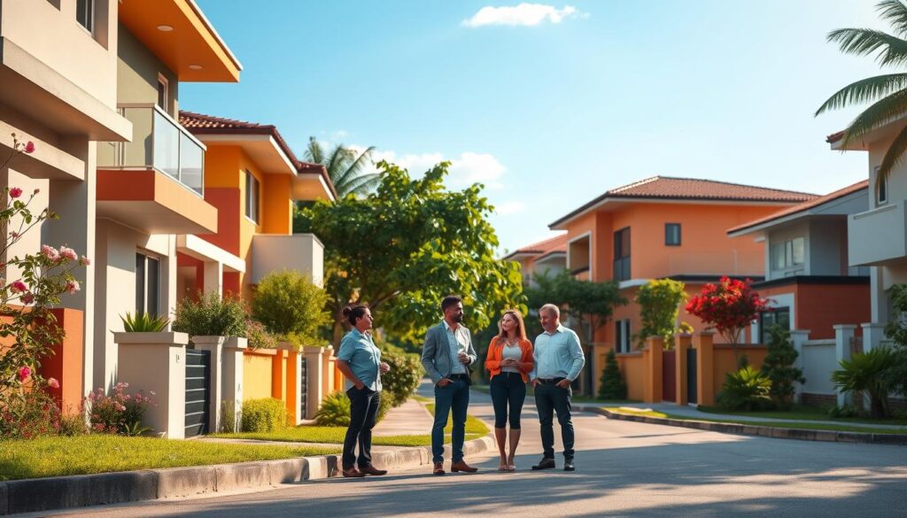A scenic view of a residential neighborhood in Maringá, Brazil, capturing the essence of local architecture and charm. In the foreground, feature a well-maintained street lined with modern, colorful houses, displaying diverse styles. Include a family of four, dressed in casual but professional attire, discussing home options outside one of the houses. In the middle ground, show lush greenery and flowering trees typical of Maringá, creating a vibrant atmosphere. The background should include a clear blue sky with soft, warm sunlight casting gentle shadows, enhancing the inviting mood. Use a slight downward angle to create depth, emphasizing the opportunities available for homebuyers in this friendly community. A scenic view of a residential neighborhood in Maringá, Brazil, capturing the essence of local architecture and charm. In the foreground, feature a well-maintained street lined with modern, colorful houses, displaying diverse styles. Include a family of four, dressed in casual but professional attire, discussing home options outside one of the houses. In the middle ground, show lush greenery and flowering trees typical of Maringá, creating a vibrant atmosphere. The background should include a clear blue sky with soft, warm sunlight casting gentle shadows, enhancing the inviting mood. Use a slight downward angle to create depth, emphasizing the opportunities available for homebuyers in this friendly community.