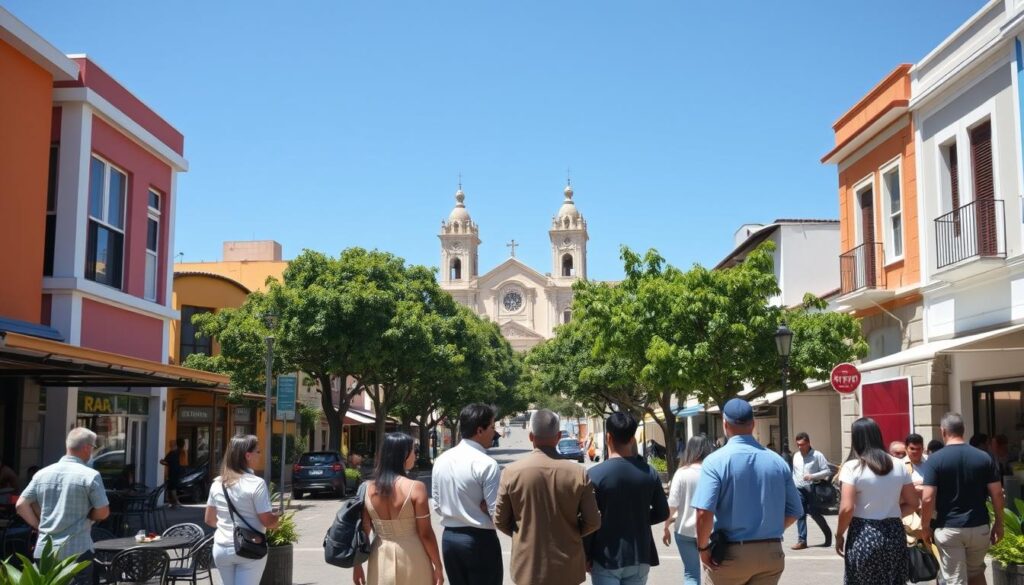 A scenic view of a vibrant neighborhood in Maringá, Brazil, showcasing a mix of modern and traditional architecture. In the foreground, a diverse group of people dressed in smart casual clothing is engaged in a discussion about housing options, standing near a charming café with outdoor seating. In the middle ground, tree-lined streets are bustling with activity, featuring local shops and families enjoying the pleasant atmosphere. In the background, the iconic Maringá Cathedral rises against a clear blue sky, highlighting the city's unique character. Natural lighting enhances the warm, inviting mood of the scene, captured from a slight elevation to provide depth and perspective. The image conveys a sense of community and the vibrant lifestyle in Maringá, ideal for those seeking the right neighborhood. A scenic view of a vibrant neighborhood in Maringá, Brazil, showcasing a mix of modern and traditional architecture. In the foreground, a diverse group of people dressed in smart casual clothing is engaged in a discussion about housing options, standing near a charming café with outdoor seating. In the middle ground, tree-lined streets are bustling with activity, featuring local shops and families enjoying the pleasant atmosphere. In the background, the iconic Maringá Cathedral rises against a clear blue sky, highlighting the city's unique character. Natural lighting enhances the warm, inviting mood of the scene, captured from a slight elevation to provide depth and perspective. The image conveys a sense of community and the vibrant lifestyle in Maringá, ideal for those seeking the right neighborhood.