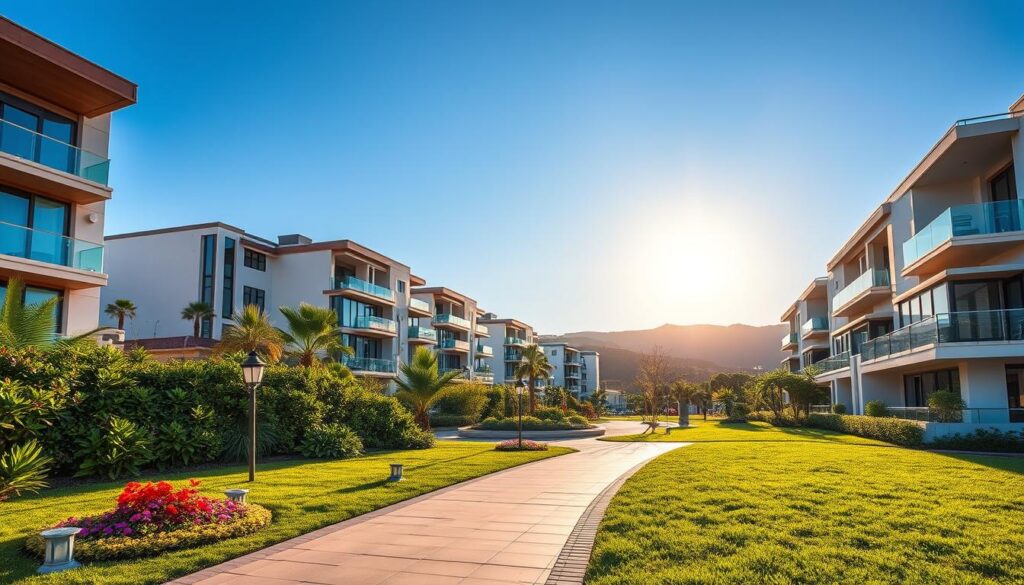 A scenic view of modern condominiums located at the exit for Paranavaí, showcasing a blend of contemporary architecture and lush green landscaping. In the foreground, a well-maintained pathway leads to the entrance of one of the condominiums, featuring vibrant flower beds and decorative lighting. The middle ground captures a row of different styled buildings, with large balconies and expansive windows reflecting the sunlight. In the background, rolling hills and a clear blue sky enhance the tranquil atmosphere. The scene is bathed in warm, golden hour lighting, adding to the inviting mood. Use a wide-angle perspective to capture the breadth of the development, ensuring the photography style emphasizes the harmony between modern living and nature. A scenic view of modern condominiums located at the exit for Paranavaí, showcasing a blend of contemporary architecture and lush green landscaping. In the foreground, a well-maintained pathway leads to the entrance of one of the condominiums, featuring vibrant flower beds and decorative lighting. The middle ground captures a row of different styled buildings, with large balconies and expansive windows reflecting the sunlight. In the background, rolling hills and a clear blue sky enhance the tranquil atmosphere. The scene is bathed in warm, golden hour lighting, adding to the inviting mood. Use a wide-angle perspective to capture the breadth of the development, ensuring the photography style emphasizes the harmony between modern living and nature.