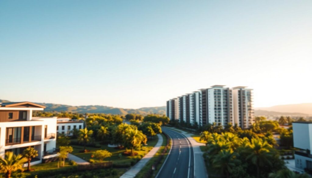 A scenic view of the real estate development area at the exit to Paranavaí, featuring neatly arranged modern condominiums amidst lush greenery. In the foreground, showcase elegant contemporary buildings with balconies, while in the middle ground, a well-maintained road leads towards the horizon, flanked by trees and landscaped gardens. The background reveals gentle rolling hills under a clear blue sky, with soft, diffused sunlight casting warm, inviting shadows. Use a slight tilt-shift lens effect to emphasize the condominiums in focus, creating a dreamy atmosphere of comfort and community. The scene should evoke a feeling of tranquility and modern living, appealing to potential residents looking for a peaceful yet vibrant environment. Ensure to convey a clean, professional look without any signs of urban clutter. A scenic view of the real estate development area at the exit to Paranavaí, featuring neatly arranged modern condominiums amidst lush greenery. In the foreground, showcase elegant contemporary buildings with balconies, while in the middle ground, a well-maintained road leads towards the horizon, flanked by trees and landscaped gardens. The background reveals gentle rolling hills under a clear blue sky, with soft, diffused sunlight casting warm, inviting shadows. Use a slight tilt-shift lens effect to emphasize the condominiums in focus, creating a dreamy atmosphere of comfort and community. The scene should evoke a feeling of tranquility and modern living, appealing to potential residents looking for a peaceful yet vibrant environment. Ensure to convey a clean, professional look without any signs of urban clutter.