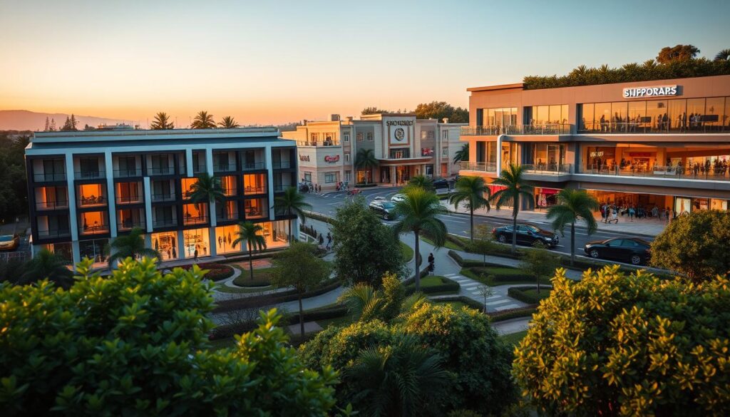 A scenic view of upscale condominiums situated near the bustling Shopping Catuaí. In the foreground, lush greenery and well-maintained gardens around the condominiums create a sense of tranquility. The middle ground features modern, stylish buildings with large windows, showcasing their contemporary design and inviting atmosphere. In the background, the shopping center is visible, busy with shoppers, accentuated by bright signage and vibrant storefronts. Capture this scene during golden hour, with warm sunlight casting soft shadows and illuminating the condominiums. Utilize a slightly elevated perspective to provide a panoramic view, enhancing the sense of community and convenience. The mood should convey a blend of comfort and accessibility, emphasizing quality living near urban amenities. A scenic view of upscale condominiums situated near the bustling Shopping Catuaí. In the foreground, lush greenery and well-maintained gardens around the condominiums create a sense of tranquility. The middle ground features modern, stylish buildings with large windows, showcasing their contemporary design and inviting atmosphere. In the background, the shopping center is visible, busy with shoppers, accentuated by bright signage and vibrant storefronts. Capture this scene during golden hour, with warm sunlight casting soft shadows and illuminating the condominiums. Utilize a slightly elevated perspective to provide a panoramic view, enhancing the sense of community and convenience. The mood should convey a blend of comfort and accessibility, emphasizing quality living near urban amenities.
