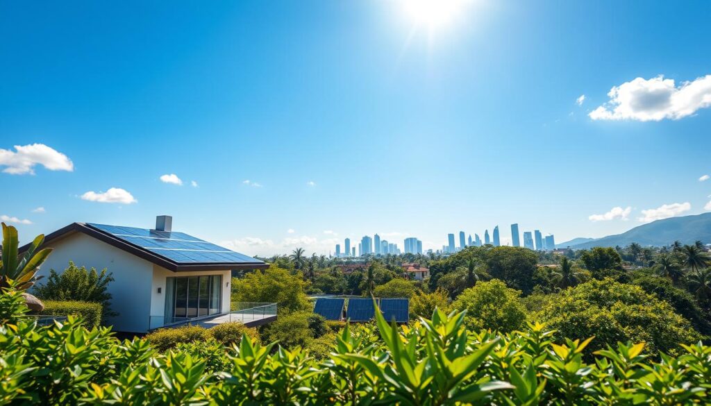 A scenic view showcasing the potential of solar energy in Maringá, Brazil. In the foreground, display a modern house with solar panels installed on its roof, glistening under the bright sun. In the middle ground, add lush green vegetation typical of the region, alongside a few light, fluffy clouds in a clear blue sky. In the background, feature the iconic skyline of Maringá with its unique architecture. The lighting should be bright and cheerful, casting soft shadows to enhance the daytime atmosphere. Use a wide angle to capture the expansive scene, emphasizing the harmony between nature and renewable energy. The overall mood should convey optimism and innovation, reflecting the benefits of solar energy. A scenic view showcasing the potential of solar energy in Maringá, Brazil. In the foreground, display a modern house with solar panels installed on its roof, glistening under the bright sun. In the middle ground, add lush green vegetation typical of the region, alongside a few light, fluffy clouds in a clear blue sky. In the background, feature the iconic skyline of Maringá with its unique architecture. The lighting should be bright and cheerful, casting soft shadows to enhance the daytime atmosphere. Use a wide angle to capture the expansive scene, emphasizing the harmony between nature and renewable energy. The overall mood should convey optimism and innovation, reflecting the benefits of solar energy.