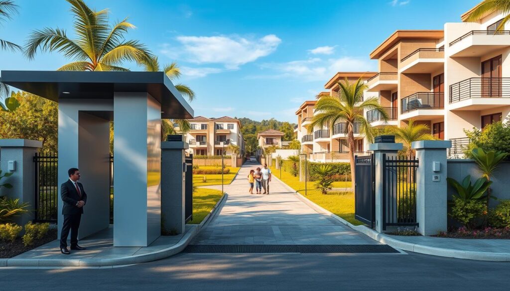 A secure gated community in Maringá, showcasing a modern and stylish entrance, flanked by lush greenery and well-maintained landscaping. In the foreground, a sleek security booth with professional security personnel in business attire, attentively monitoring the entrance. In the middle ground, a serene pathway leading to contemporary residential buildings, reflecting high standards, with families enjoying leisure activities in beautifully landscaped gardens. The background features elegant homes with balconies and panoramic views, under a clear blue sky. The scene is bathed in warm, natural sunlight, casting soft shadows that enhance the atmosphere of safety and tranquility. The overall mood is inviting and peaceful, embodying the essence of a secure and quality living environment. A secure gated community in Maringá, showcasing a modern and stylish entrance, flanked by lush greenery and well-maintained landscaping. In the foreground, a sleek security booth with professional security personnel in business attire, attentively monitoring the entrance. In the middle ground, a serene pathway leading to contemporary residential buildings, reflecting high standards, with families enjoying leisure activities in beautifully landscaped gardens. The background features elegant homes with balconies and panoramic views, under a clear blue sky. The scene is bathed in warm, natural sunlight, casting soft shadows that enhance the atmosphere of safety and tranquility. The overall mood is inviting and peaceful, embodying the essence of a secure and quality living environment.