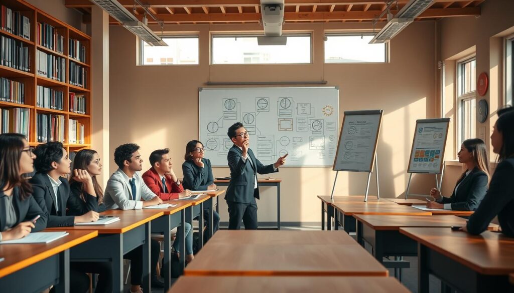 A serene academic setting featuring a well-organized classroom with wooden desks and shelves filled with textbooks. In the foreground, a diverse group of students in professional business attire, engaged in a classroom discussion, displaying expressions of curiosity and focus. The middle layer showcases a knowledgeable teacher, gesturing towards a whiteboard filled with diagrams representing various educational criteria. In the background, large windows let in warm sunlight, illuminating the room and creating a welcoming atmosphere. Soft, diffused lighting enhances the scene, casting gentle shadows across the classroom, while the lens perspective gives a slightly elevated view, capturing both the interaction and the educational environment. The overall mood is one of collaboration, learning, and academic excellence. A serene academic setting featuring a well-organized classroom with wooden desks and shelves filled with textbooks. In the foreground, a diverse group of students in professional business attire, engaged in a classroom discussion, displaying expressions of curiosity and focus. The middle layer showcases a knowledgeable teacher, gesturing towards a whiteboard filled with diagrams representing various educational criteria. In the background, large windows let in warm sunlight, illuminating the room and creating a welcoming atmosphere. Soft, diffused lighting enhances the scene, casting gentle shadows across the classroom, while the lens perspective gives a slightly elevated view, capturing both the interaction and the educational environment. The overall mood is one of collaboration, learning, and academic excellence.