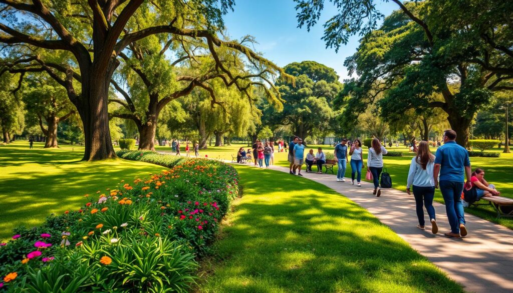 A serene afternoon scene capturing Parque Ingá in Maringá, Brazil. In the foreground, a well-maintained pathway lined with lush greenery and vibrant flowers, inviting visitors for a leisurely stroll. The middle ground features a diverse group of people, wearing smart casual attire, enjoying picnics and leisurely activities, embodying community spirit. In the background, towering trees and a clear blue sky filter soft sunlight, creating dappled shadows on the ground. The atmosphere is peaceful and inviting, perfect for relaxation and reflection. The composition emphasizes the park's beauty and liveliness, highlighting its role as a central gathering place in the city. Use a moderate lens with a soft focus on the background, enhancing the sense of depth and tranquility. A serene afternoon scene capturing Parque Ingá in Maringá, Brazil. In the foreground, a well-maintained pathway lined with lush greenery and vibrant flowers, inviting visitors for a leisurely stroll. The middle ground features a diverse group of people, wearing smart casual attire, enjoying picnics and leisurely activities, embodying community spirit. In the background, towering trees and a clear blue sky filter soft sunlight, creating dappled shadows on the ground. The atmosphere is peaceful and inviting, perfect for relaxation and reflection. The composition emphasizes the park's beauty and liveliness, highlighting its role as a central gathering place in the city. Use a moderate lens with a soft focus on the background, enhancing the sense of depth and tranquility.