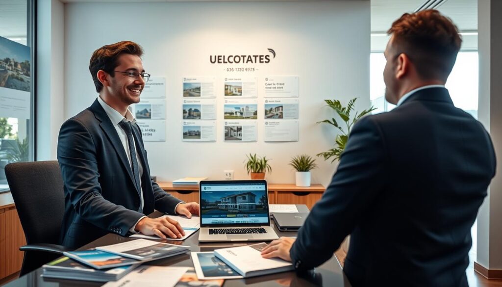 A serene and organized office space representing a real estate agency in Jandaia, Paraná. In the foreground, a friendly, professional real estate agent dressed in business attire, engaging with a client over a well-arranged desk filled with property brochures and a laptop open to a real estate website. The middle ground features a wall showcasing property listings and contact information displayed neatly. In the background, large windows allow natural light to flood the space, providing a bright and inviting atmosphere. The scene captures a collaborative and trustworthy interaction, with soft, warm lighting emphasizing a welcoming feel. The angle is slight and focused, creating an intimate yet professional environment ideal for discussing real estate options. A serene and organized office space representing a real estate agency in Jandaia, Paraná. In the foreground, a friendly, professional real estate agent dressed in business attire, engaging with a client over a well-arranged desk filled with property brochures and a laptop open to a real estate website. The middle ground features a wall showcasing property listings and contact information displayed neatly. In the background, large windows allow natural light to flood the space, providing a bright and inviting atmosphere. The scene captures a collaborative and trustworthy interaction, with soft, warm lighting emphasizing a welcoming feel. The angle is slight and focused, creating an intimate yet professional environment ideal for discussing real estate options.