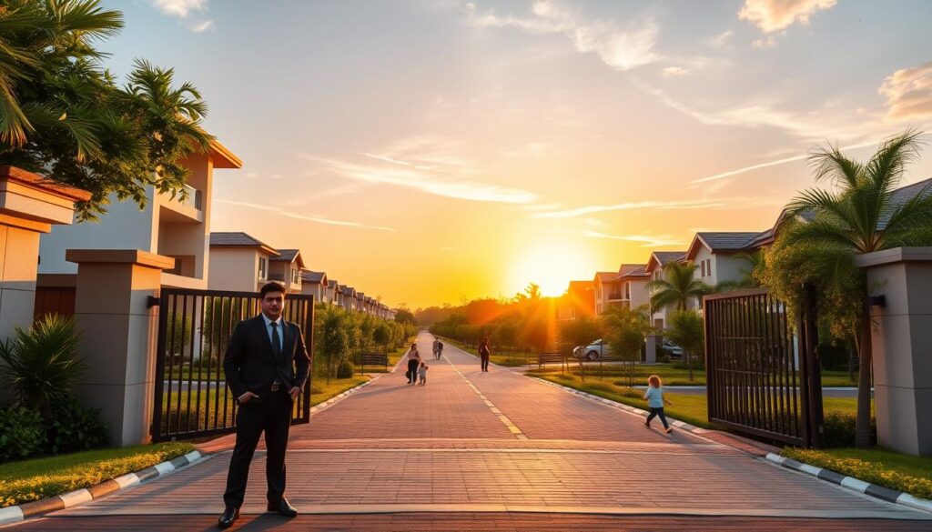 A serene and secure gated community in Maringá during the golden hour, showcasing luxurious modern architecture surrounded by lush greenery. In the foreground, a friendly security guard in professional attire stands at an elegant entrance gate. The middle ground features beautifully landscaped gardens and tidy paths, with families enjoying outdoor activities and children playing safely. In the background, the silhouette of charming houses can be seen against a vibrant sunset sky, casting warm, inviting light. Capture this scene with a warm color palette, soft focus on the edges to convey a sense of safety and tranquility, emphasizing the peaceful atmosphere of living in a gated community. A serene and secure gated community in Maringá during the golden hour, showcasing luxurious modern architecture surrounded by lush greenery. In the foreground, a friendly security guard in professional attire stands at an elegant entrance gate. The middle ground features beautifully landscaped gardens and tidy paths, with families enjoying outdoor activities and children playing safely. In the background, the silhouette of charming houses can be seen against a vibrant sunset sky, casting warm, inviting light. Capture this scene with a warm color palette, soft focus on the edges to convey a sense of safety and tranquility, emphasizing the peaceful atmosphere of living in a gated community.