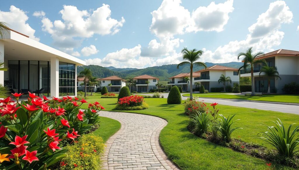 A serene garden setting in a gated condominium in Maringá, featuring elegant modern houses surrounded by lush greenery. In the foreground, well-maintained flower beds bloom with vibrant tropical flowers, while a cobblestone pathway leads to the entrance of a contemporary home with large glass windows. In the middle ground, evoke a sense of community with a clear view of neighboring houses displaying different architectural designs, all surrounded by manicured lawns. In the background, gently rolling hills under a bright blue sky dotted with fluffy white clouds create a peaceful atmosphere. Soft, natural lighting enhances the colors of the flowers and houses, with a slightly elevated angle to capture the full expanse of the development. The mood conveys tranquility and a sense of refined living. A serene garden setting in a gated condominium in Maringá, featuring elegant modern houses surrounded by lush greenery. In the foreground, well-maintained flower beds bloom with vibrant tropical flowers, while a cobblestone pathway leads to the entrance of a contemporary home with large glass windows. In the middle ground, evoke a sense of community with a clear view of neighboring houses displaying different architectural designs, all surrounded by manicured lawns. In the background, gently rolling hills under a bright blue sky dotted with fluffy white clouds create a peaceful atmosphere. Soft, natural lighting enhances the colors of the flowers and houses, with a slightly elevated angle to capture the full expanse of the development. The mood conveys tranquility and a sense of refined living.