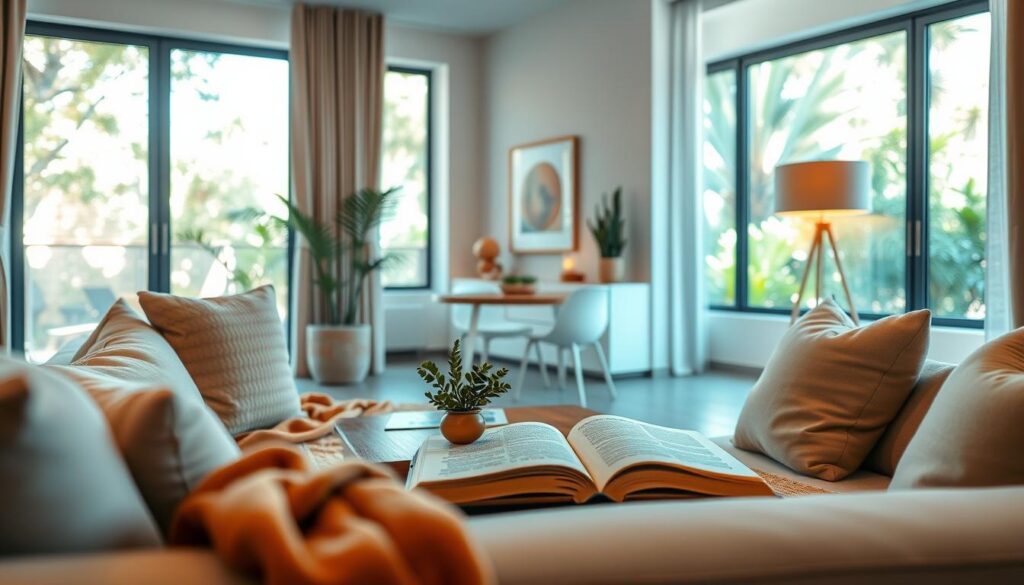A serene living room setting that embodies the essence of comfort in a modern apartment, designed for potential renters in Maringá. In the foreground, a cozy sofa adorned with soft cushions and a warm throw blanket invites relaxation. The middle features a stylish coffee table with a small potted plant and an open book, symbolizing a peaceful, homely environment. Bright, natural light floods the space through large windows that reveal a view of vibrant greenery outside. In the background, tasteful decor elements such as wall art and cozy lamps enhance the inviting atmosphere. Shot from a slight angle to showcase depth, the overall mood should feel warm and welcoming, perfect for anyone considering their ideal living space. A serene living room setting that embodies the essence of comfort in a modern apartment, designed for potential renters in Maringá. In the foreground, a cozy sofa adorned with soft cushions and a warm throw blanket invites relaxation. The middle features a stylish coffee table with a small potted plant and an open book, symbolizing a peaceful, homely environment. Bright, natural light floods the space through large windows that reveal a view of vibrant greenery outside. In the background, tasteful decor elements such as wall art and cozy lamps enhance the inviting atmosphere. Shot from a slight angle to showcase depth, the overall mood should feel warm and welcoming, perfect for anyone considering their ideal living space.