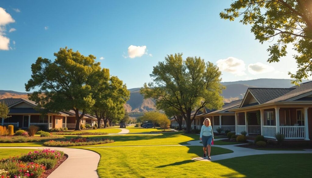 A serene neighborhood designed for retirees, showcasing a peaceful park in the foreground with gentle walking paths lined with colorful flowers. In the middle ground, spacious bungalows with inviting porches are surrounded by well-maintained greenery and mature trees, offering shade. The background features rolling hills under a clear blue sky, with a few fluffy white clouds casting soft shadows. Golden sunlight filters through the leaves, creating a warm and welcoming atmosphere. A couple of seniors in modest casual clothing can be seen enjoying a leisurely stroll, embodying a sense of community and contentment. The image is captured from a slight elevation to provide a broad view of the ideal retirement environment, highlighting safety and tranquility. A serene neighborhood designed for retirees, showcasing a peaceful park in the foreground with gentle walking paths lined with colorful flowers. In the middle ground, spacious bungalows with inviting porches are surrounded by well-maintained greenery and mature trees, offering shade. The background features rolling hills under a clear blue sky, with a few fluffy white clouds casting soft shadows. Golden sunlight filters through the leaves, creating a warm and welcoming atmosphere. A couple of seniors in modest casual clothing can be seen enjoying a leisurely stroll, embodying a sense of community and contentment. The image is captured from a slight elevation to provide a broad view of the ideal retirement environment, highlighting safety and tranquility.